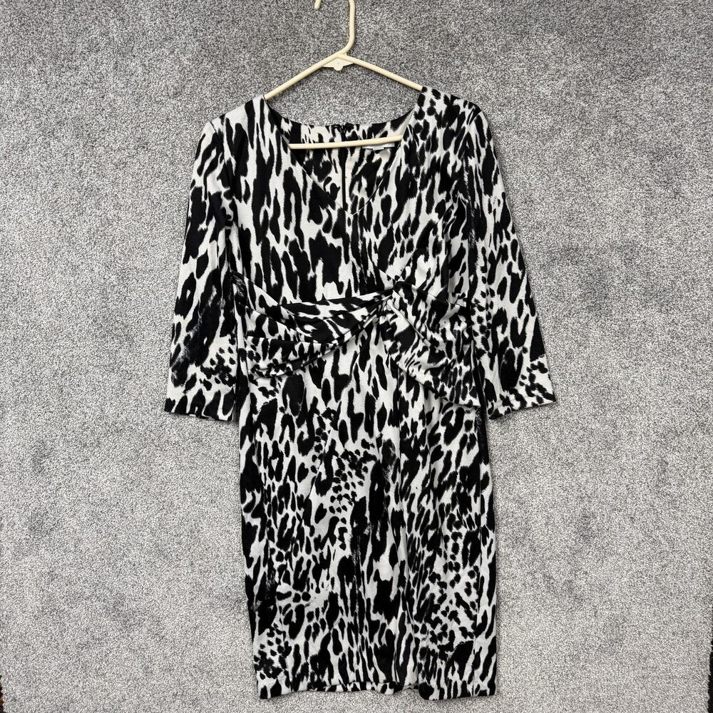 New York & Company Dress L Monochrome Faux Wrap Leopard‎ Print Office Mob Wife
